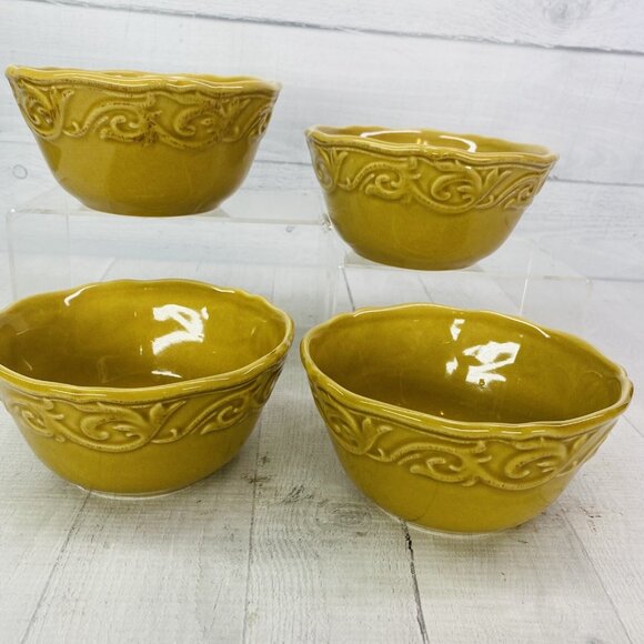Chris Madden JC Penny CORVELLA GOLD  Embossed Scrolls Stoneware Bowls Set of 4 - Picture 5 of 16
